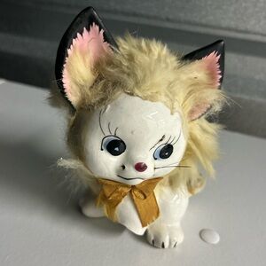 Vintage Ucagco Japan 1950s Kitten W/ Fur Flocked Mane Blue Eyes Gold Collar Note